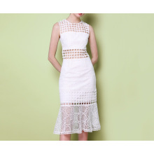 Pure White Long Couture Geometrical Pattern Fishtail Ladies Dress